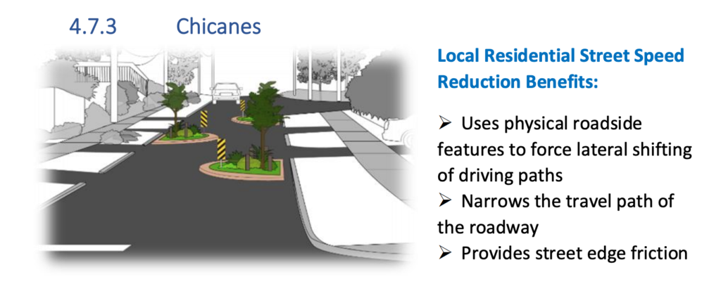 Screenshot of Section 4.7.3 of the Tool Kit, reads: Chicanes: 
Local Residential Street Speed Reduction Benefits: users physical roadside features to force lateral shifting of driving paths, narrows the travel path of the roadway, provides street edge friction