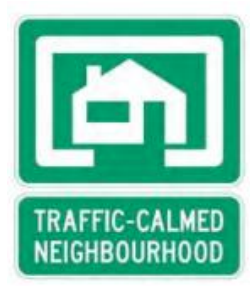 Green sign reads "Traffic-calmed Neighbourhood"