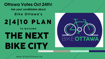 Graphic reads: Ottawa Votes Oct 24th! Ask your candidates about Bike Ottawa's 2, 4, 10 Plan to become the Next Bike City