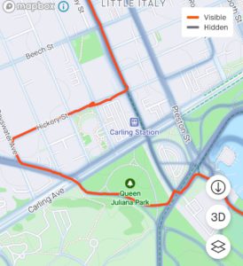 Screenshot of the route of the winding detour on a strava mapping system.