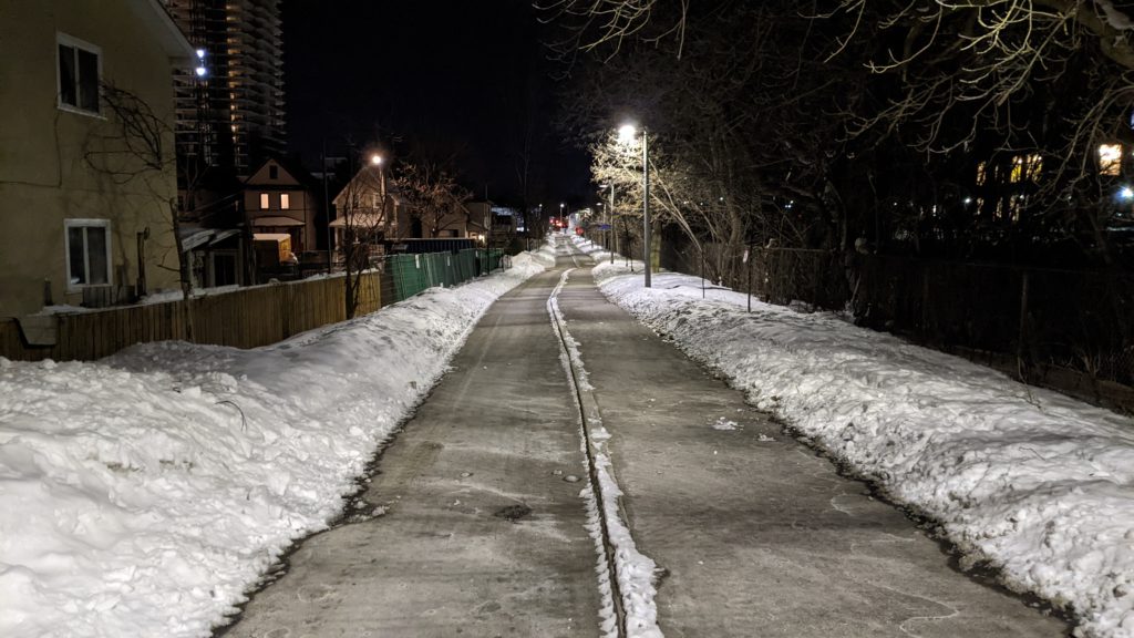 Early morning on the winter-maintained Trillium Cycletrack/Pathway in Ottawa looking south.