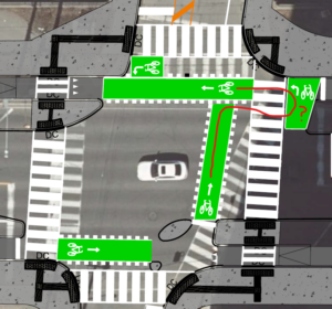A diagram superimposed on a satellite photo showing the crosswalks and crossrides at an intersection. For people on bike travelling east to west at the top of the diagram, a bike box is located before the intersection. Additional annotation has been added showing the assumed route of a cyclist travelling south to north and making a two-stage left turn to go west. The cyclist crosses to the north side of the street to avoid riding in the crosswalk, but must turn across the crosswalk and turn completely around to face west.