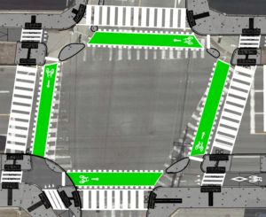 A diagram superimposed on a satellite photo showing crosswalks and crossrides on all sides of an intersection. Left-turning bikes wait to make a two-stage turn in a small area separated from turning vehicles by an island.