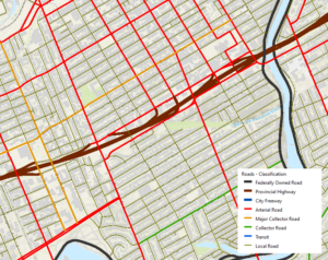 Map of Centretown roads and classification of those roads
