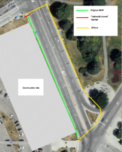 Map of the MUP along Preston Street between Prince of Wales and Carling showing the hospital construction site on the west side. The MUP in green is marked blocked at both ends and a detour in yellow is shown crossing Preston and crossing back at the two intersections.