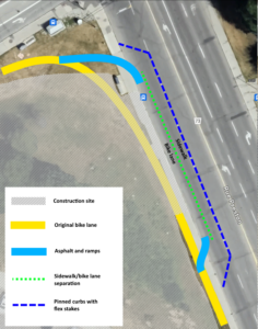 Map of the MUP along Preston Street between Prince of Wales and Carling showing the hospital construction site on the west side. A suggested detour is shown using the western lane of Preston to create sidewalk and bike lane space directly connecting the MUP at each end of the construction. Asphalt ramps are indicated where the detour would go over the curb.