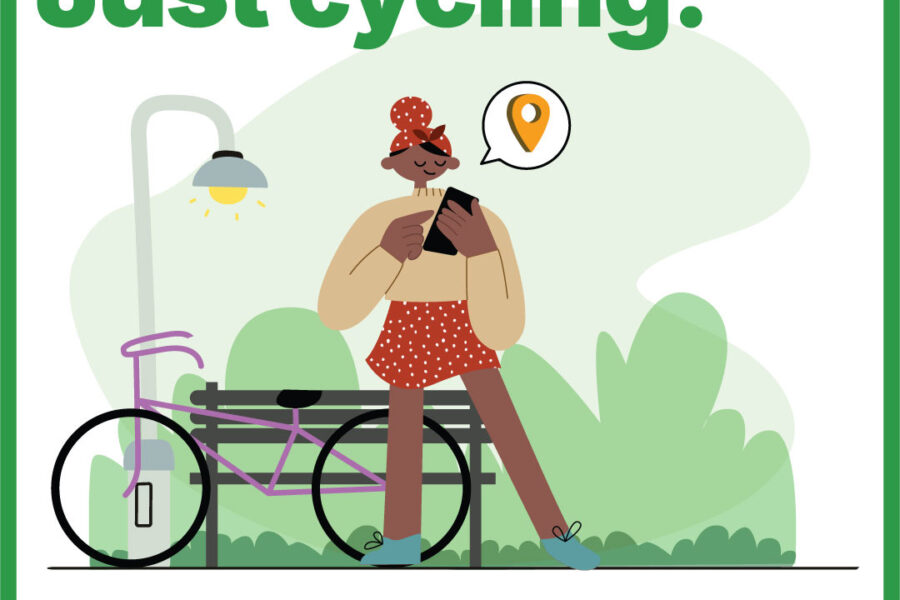 Poster of the Cycling Guide app that helps people find low-sress cycling routes. Features a woman checking her phone with her bike leaning on a park bench in the background
