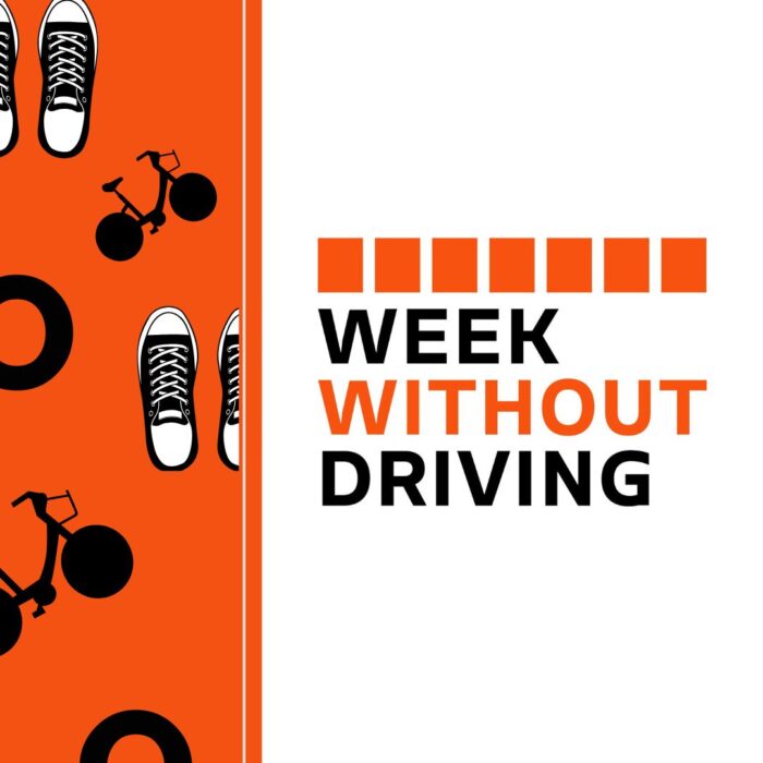 An orange strip on one side of a graphic has black and white shoes, a bike silhouette, and an O alternating in a pattern. On the right side it's white with the Week Without Driving Logo that includes many orange squares above the text.