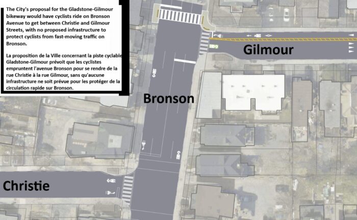 Screenshot of Christie, Bronson and Gilmour area. Part of the text reads: “The City’s proposal would have cyclists ride on Bronson Avenue to get between Christie and Gilmour Streets, with no proposed infrastructure to protect cyclists from fast-moving traffic on Bronson.”