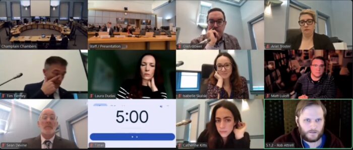 Screen capture of Pubic Works and Infrastructure Committee online meeting with several city councillors and Bike Ottawa board member Rob Attrell