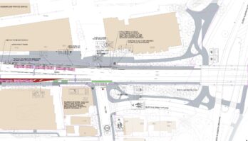 Detailed section of a drawing showing plans for Bank street presented as part of the Bank Street Active Transportation and Transit Priority Feasibility Study